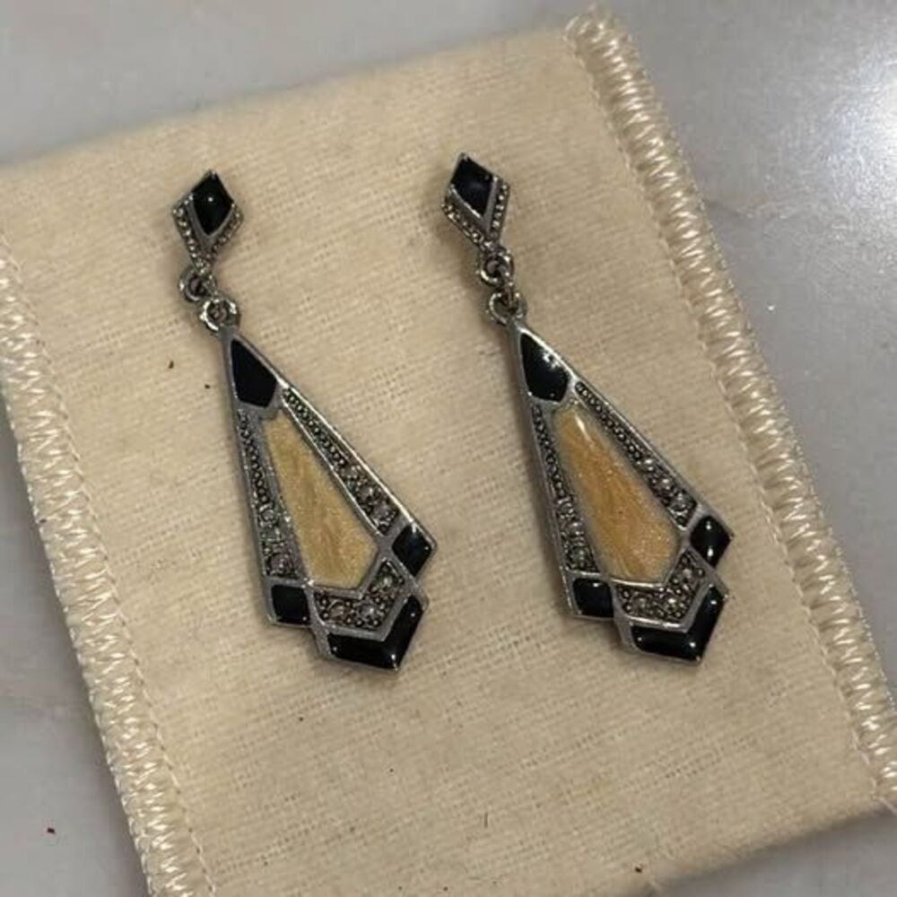 Vintage 1980s Art Deco Revival Earrings | Black & Cream Dangle Statement Jewelry